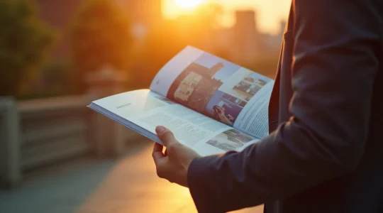 Une illustration montrant une brochure professionnelle, vibrant d'émotions et de couleurs, capturant l'attention et inspirant confiance chez un lecteur