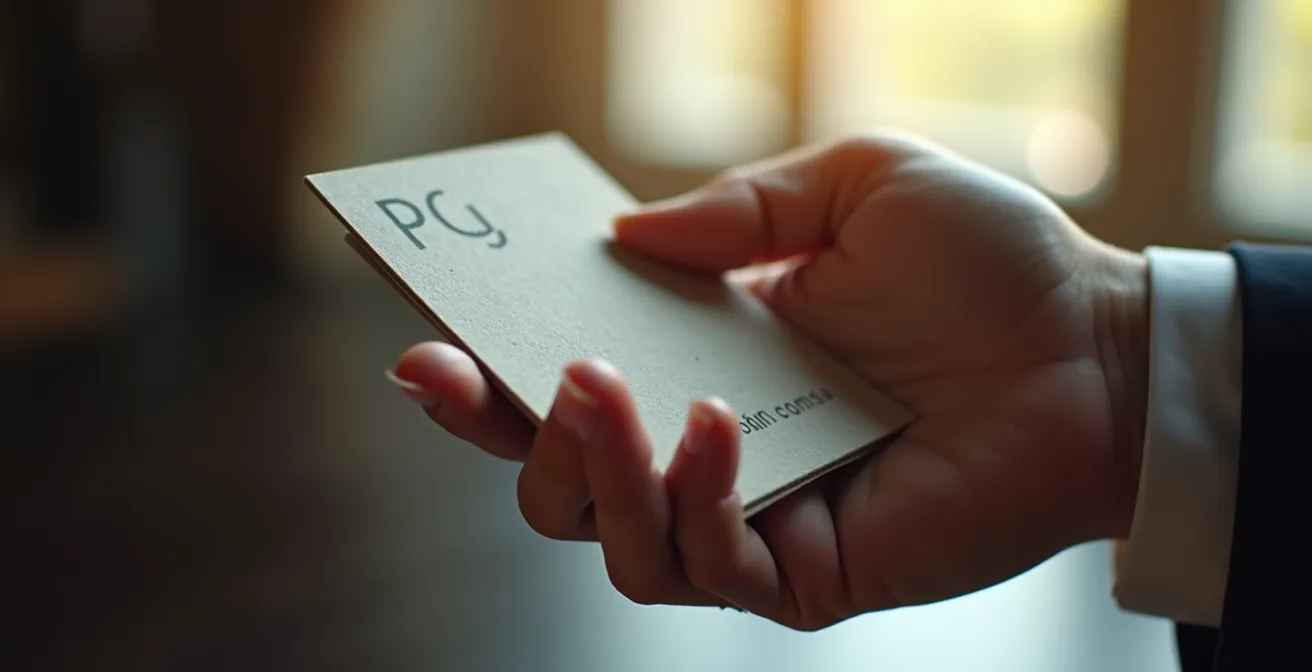 Carte de visite élégante en papier texturé avec une poignée de main professionnelle en arrière-plan