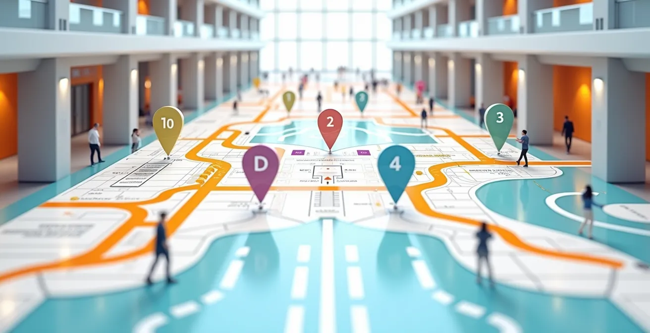 Illustration conceptuelle d'un plan d'espace public mettant en évidence les points d'incertitude où sont placés des panneaux signalétiques visibles et stratégiques