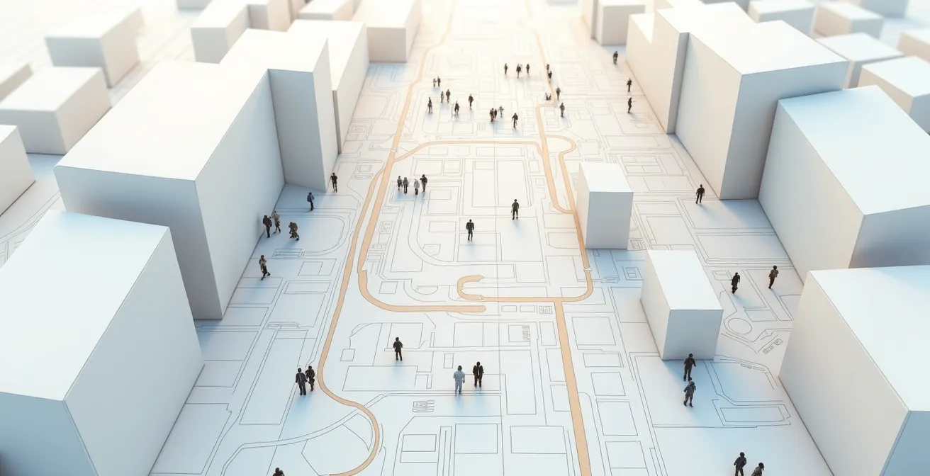 Une carte schématique montrant les flux de circulation et les points de décision dans un bâtiment, avec des icônes indiquant les emplacements stratégiques pour les panneaux directionnels.