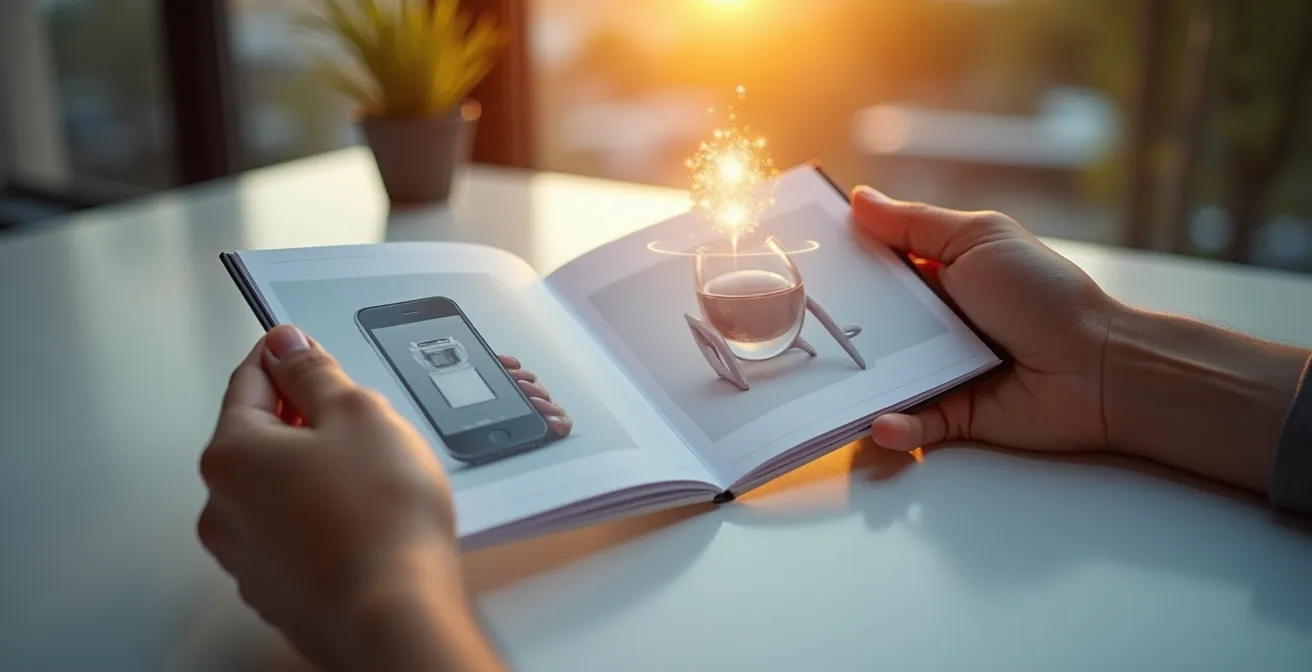 Main tenant un catalogue papier interactif montrant un smartphone en réalité augmentée sur une table moderne