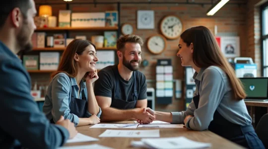 Image symbolique d'un imprimeur québécois local en activité entouré de clients satisfaits et d'éléments graphiques représentant la rapidité, la qualité et l'investissement stratégique
