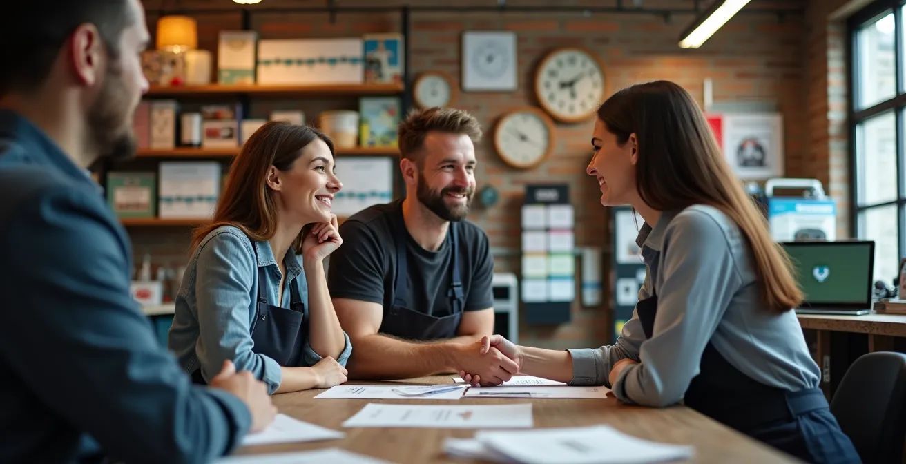 Image symbolique d'un imprimeur québécois local en activité entouré de clients satisfaits et d'éléments graphiques représentant la rapidité, la qualité et l'investissement stratégique