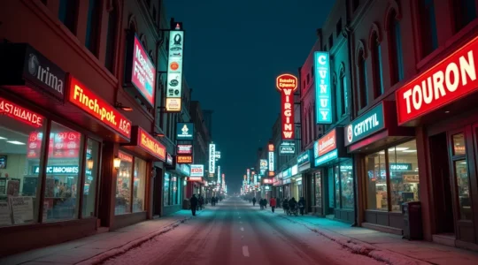 Une rue commerçante de nuit au Québec avec plusieurs enseignes lumineuses modernes et traditionnelles éclairant la façade des commerces.