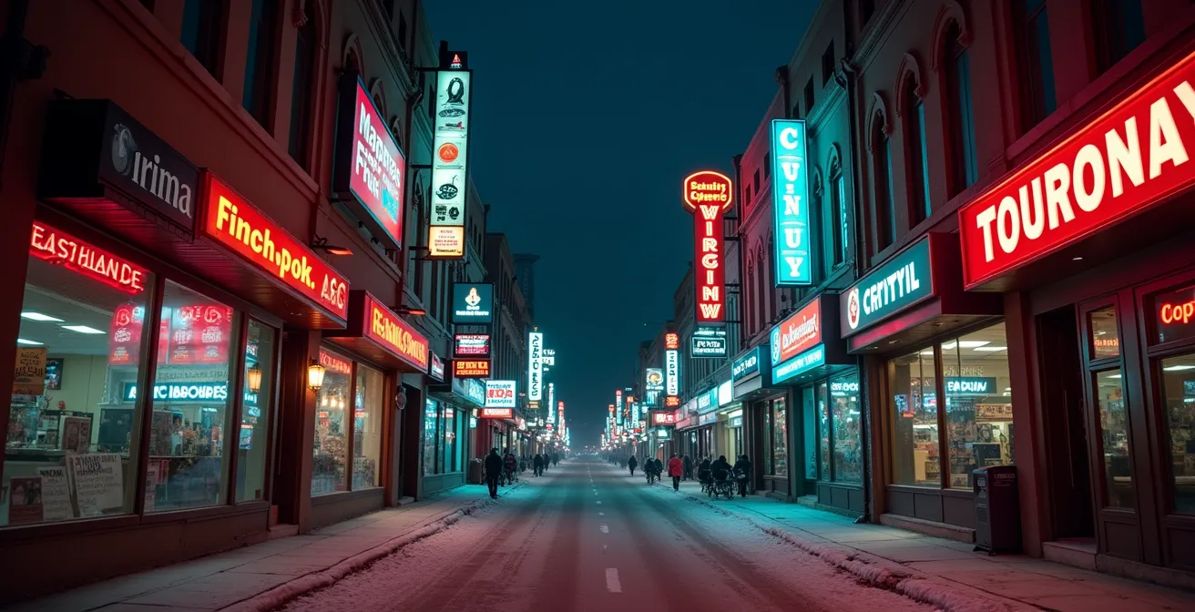Une rue commerçante de nuit au Québec avec plusieurs enseignes lumineuses modernes et traditionnelles éclairant la façade des commerces.