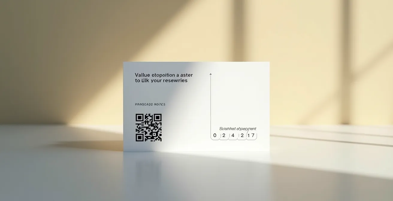Carte de visite avec un QR code, une proposition de valeur claire et un espace réservé pour une note manuscrite