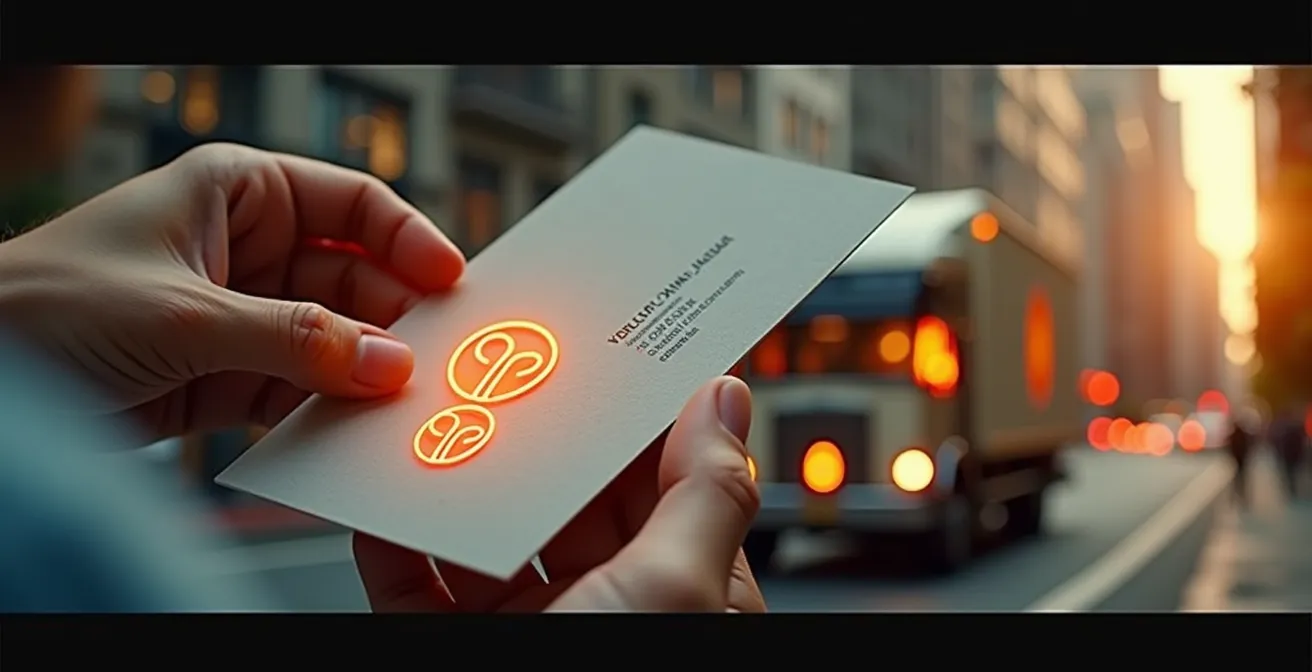 Visuels montrant différentes déclinaisons d'un logo sur une carte de visite, un camion de livraison et une décoration de bureau