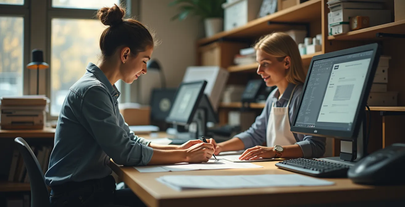 Image montrant un imprimeur local au travail avec des éléments visuels illustrant la rapidité et l’agilité dans la gestion des commandes d'impression