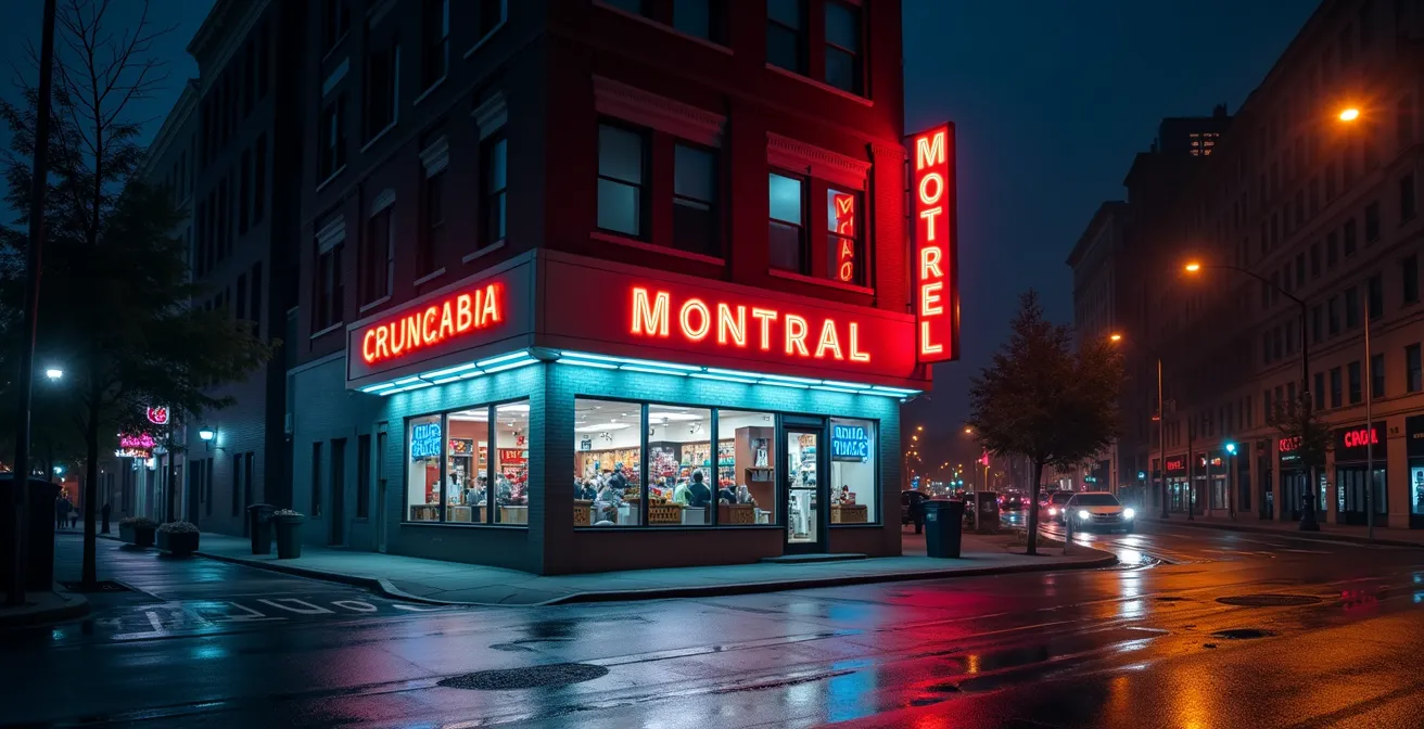 Une illustration montrant une rue à Montréal de nuit avec un zoom sur une enseigne lumineuse lisible de l’autre côté de la rue, démontrant contraste, typographie épaisse, et espacement des lettres.