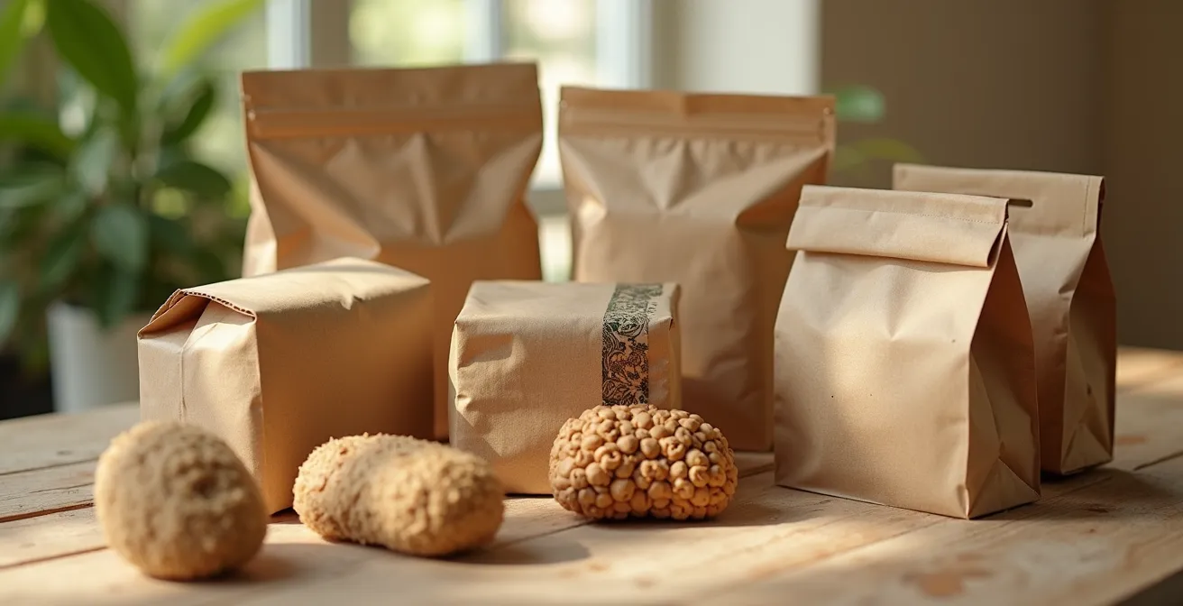Photographie d'emballages québécois éco-conçus avec textures naturelles, couleurs brutes et design innovant, montrant l'élégance de l'écoresponsabilité