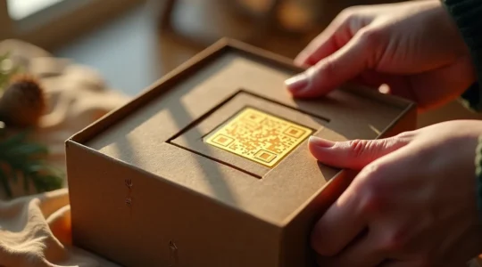 Image symbolique d'un emballage de produit québécois designé avec des éléments locaux et éco-responsables, associé à une expérience de marque immersive