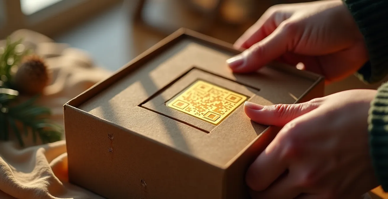 Image symbolique d'un emballage de produit québécois designé avec des éléments locaux et éco-responsables, associé à une expérience de marque immersive