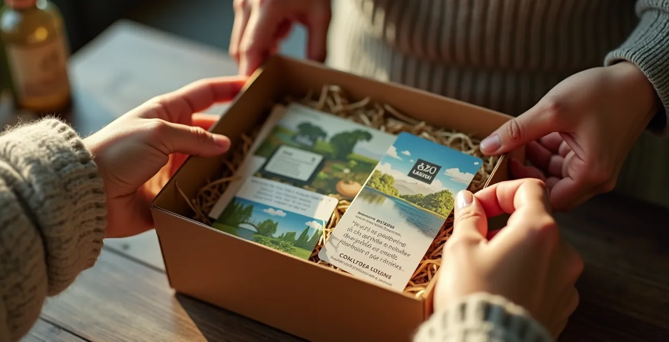 Scène d'un unboxing mettant en valeur des éléments locaux et échantillons d'artisans québécois