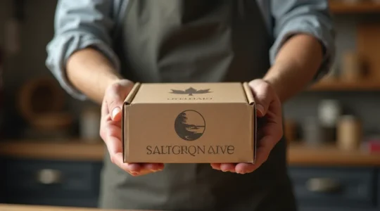 Vue rapprochée d une main tenant une boite d emballage personnalisee avec motifs inspirés du Québec, paysage flou en arrière-plan