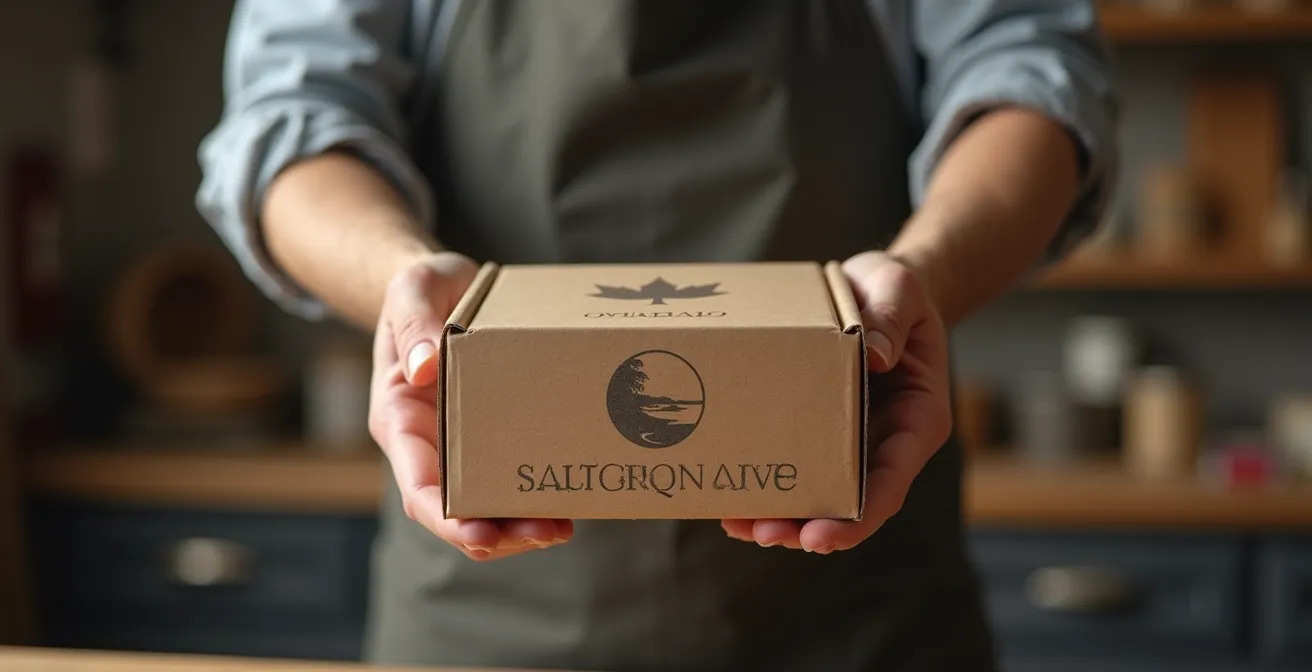 Vue rapprochée d une main tenant une boite d emballage personnalisee avec motifs inspirés du Québec, paysage flou en arrière-plan