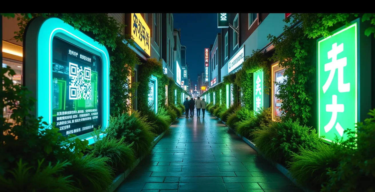 Illustration d'une rue futuriste au Québec avec des enseignes lumineuses interactives, QR codes, éléments végétaux éclairés intégrés aux enseignes.