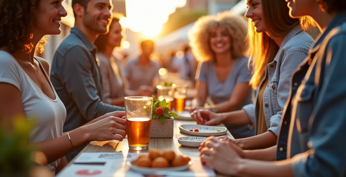 Image symbolique mettant en avant le label 'Imprimé au Québec' sur différents produits comme des livres, emballages et brochures, associés à des consommateurs satisfaits