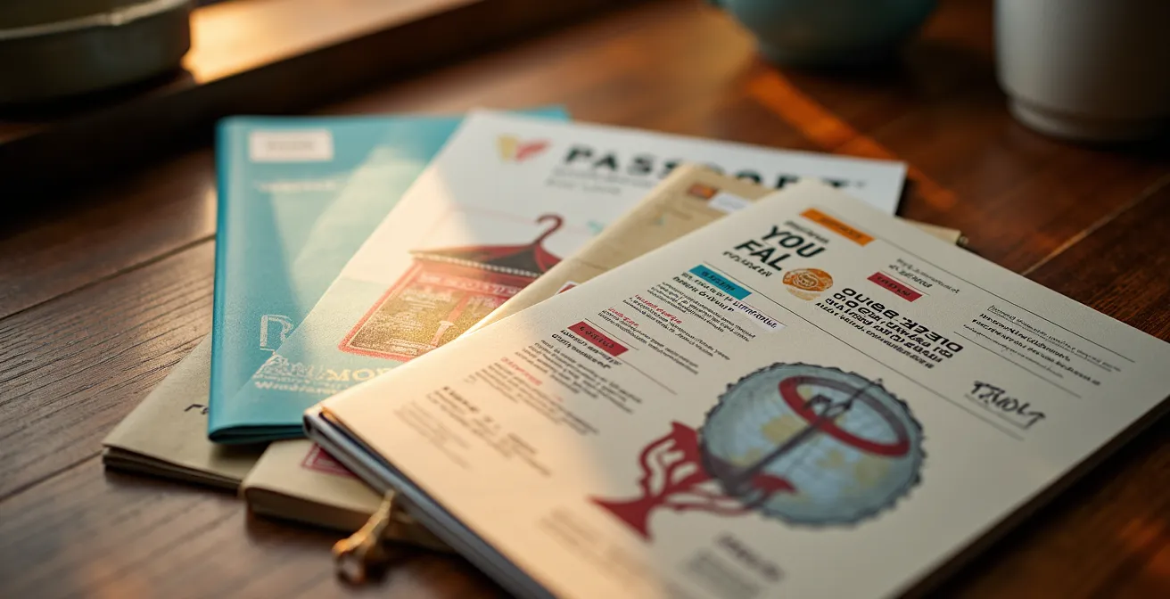 Ensemble coordonné de supports imprimés pour un événement professionnel, incluant badges, invitations, brochures et passeports de participation.