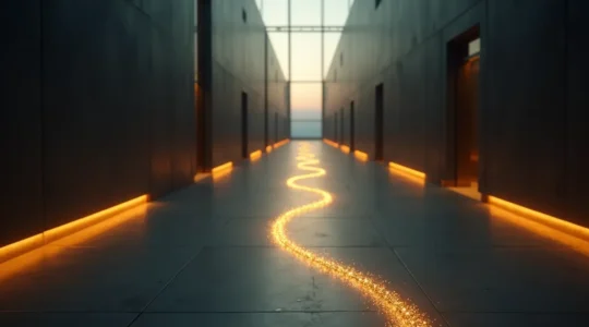 Une illustration symbolique d'un fil d'Ariane en fil d'or guidant à travers un labyrinthe architectural moderne, représentant la clarté et l'élégance de la signalétique bien conçue.