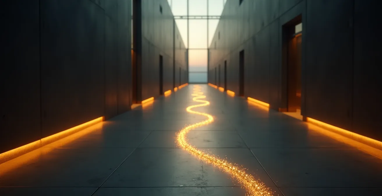 Une illustration symbolique d'un fil d'Ariane en fil d'or guidant à travers un labyrinthe architectural moderne, représentant la clarté et l'élégance de la signalétique bien conçue.