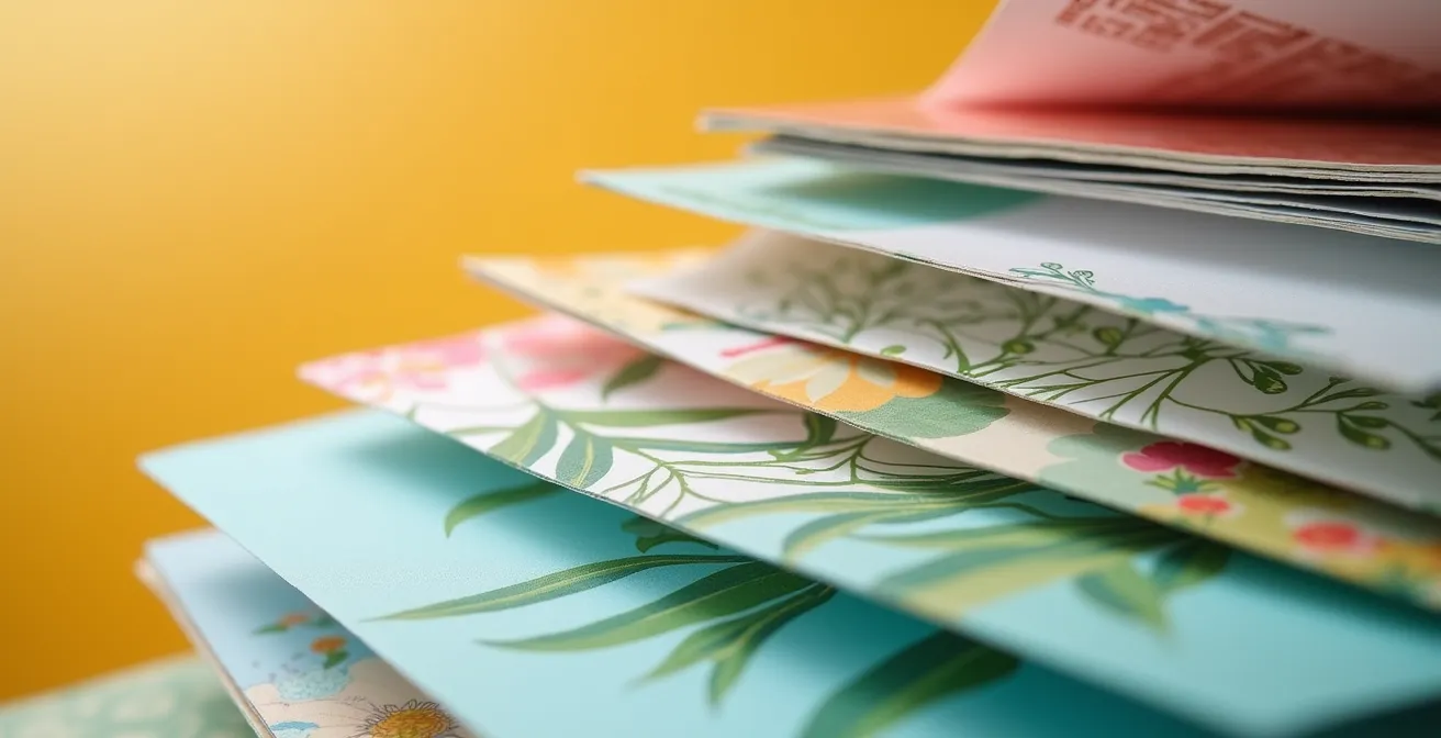 Illustration représentant divers formats imprimés innovants et éco-responsables, incluant papiers ensemencés, coffrets multisensoriels et encres végétales