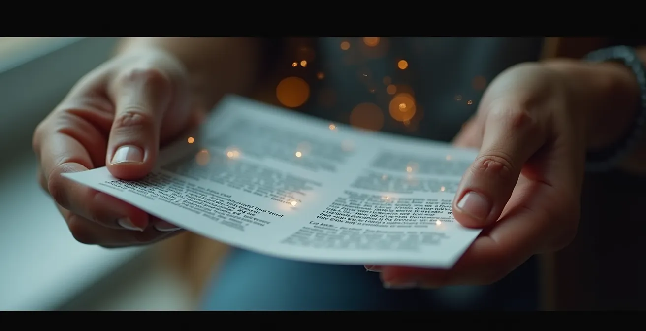 Mains tenant un document imprimé avec des éléments graphiques symbolisant l’intelligence artificielle en arrière-plan