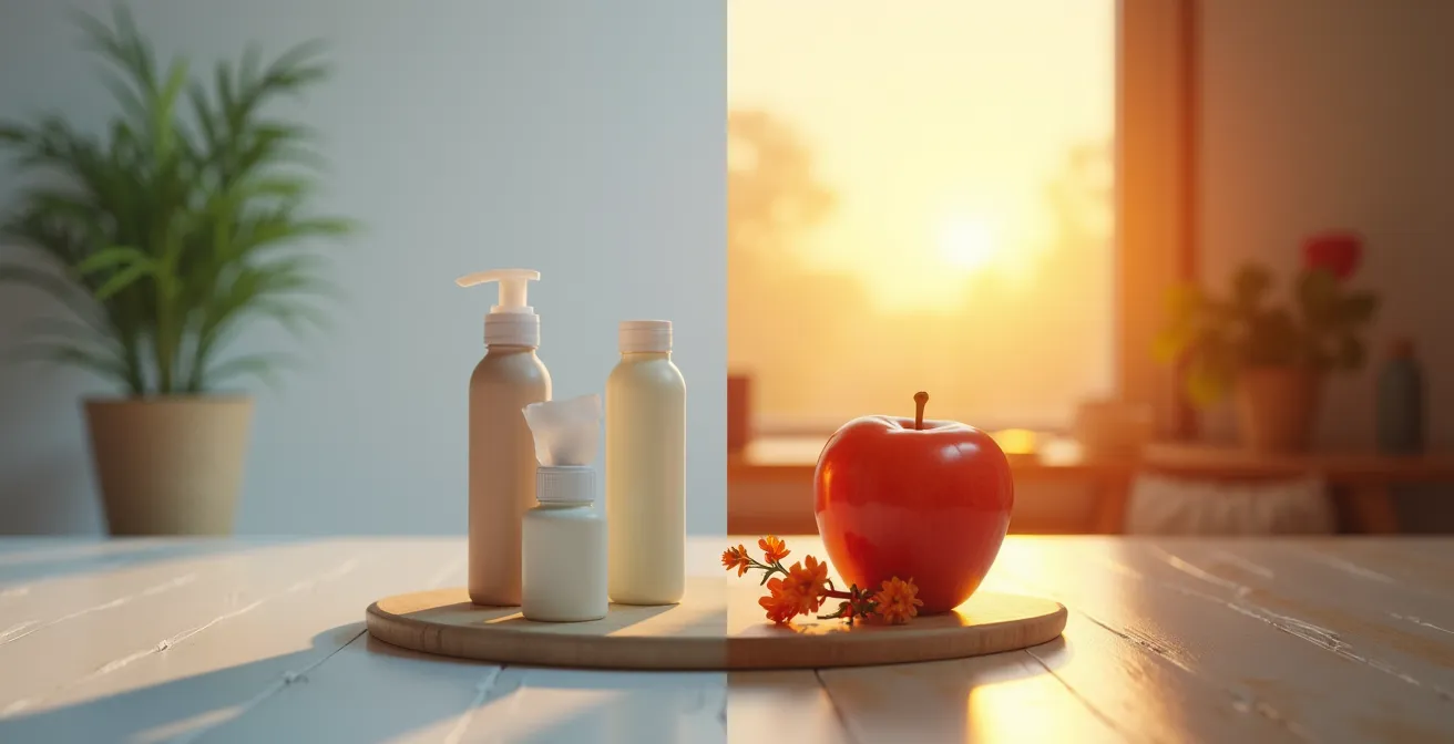 Comparaison visuelle entre une photo de produit banale sur fond blanc et une photo mise en scène avec ambiance chaleureuse