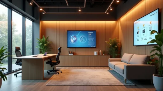 Représentation visuelle d'un espace de bureau moderne au Québec, avec une interface utilisateur intuitive intégrée dans l'environnement de travail, illustrant l'expérience utilisateur.