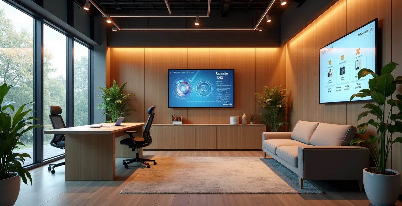 Représentation visuelle d'un espace de bureau moderne au Québec, avec une interface utilisateur intuitive intégrée dans l'environnement de travail, illustrant l'expérience utilisateur.