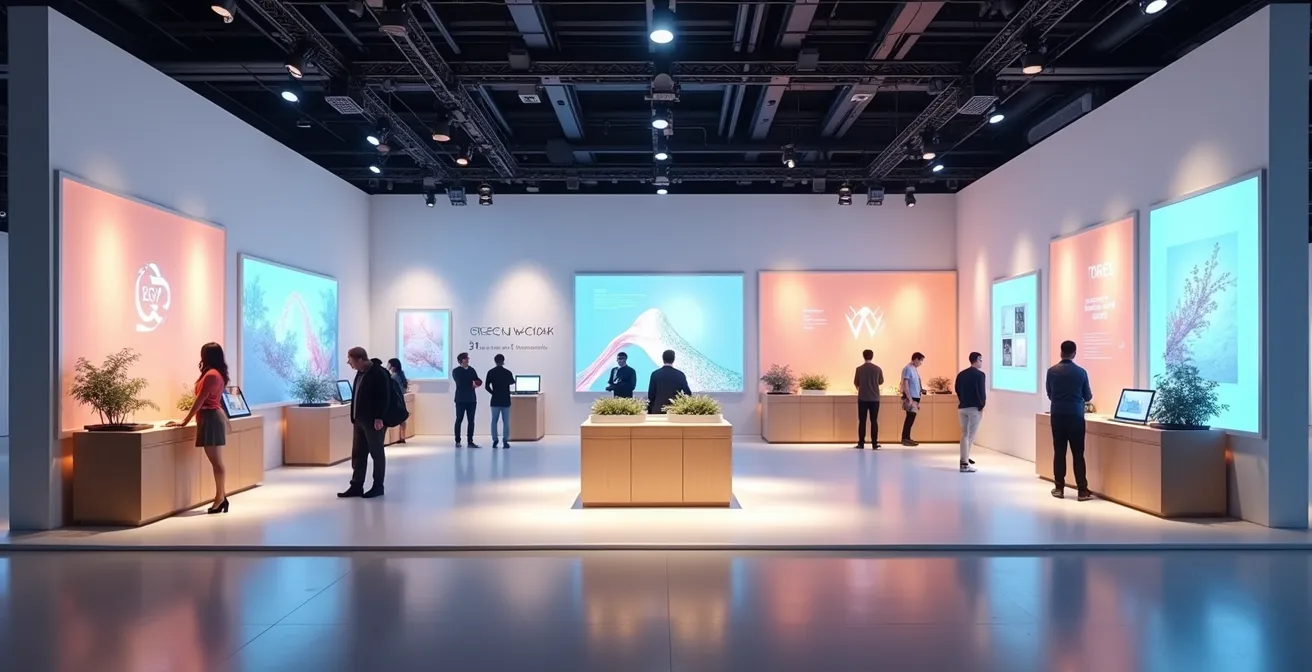 Intérieur de kiosque moderne avec espaces d'accueil, zone de démonstration interactive et éléments visuels attractifs
