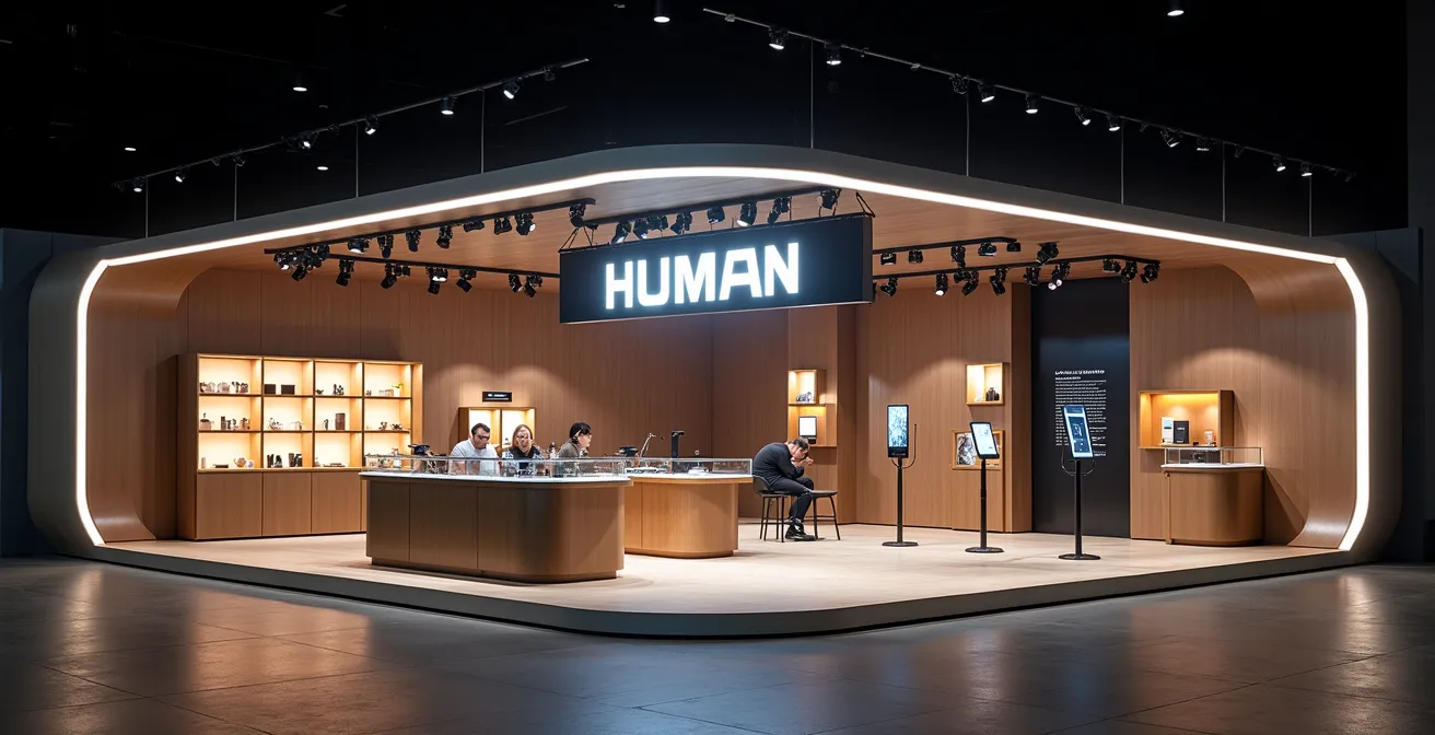 Kiosque de salon professionnel éclairé avec lumière ciblée, signalétique suspendue et ambiance sensorielle accueillante