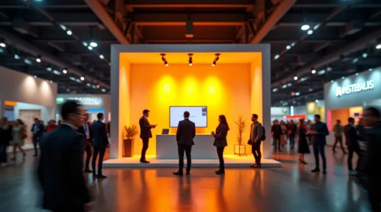 Un kiosque moderne et élégant en milieu de salon professionnel animé, avec un éclairage chaleureux attirant les visiteurs.