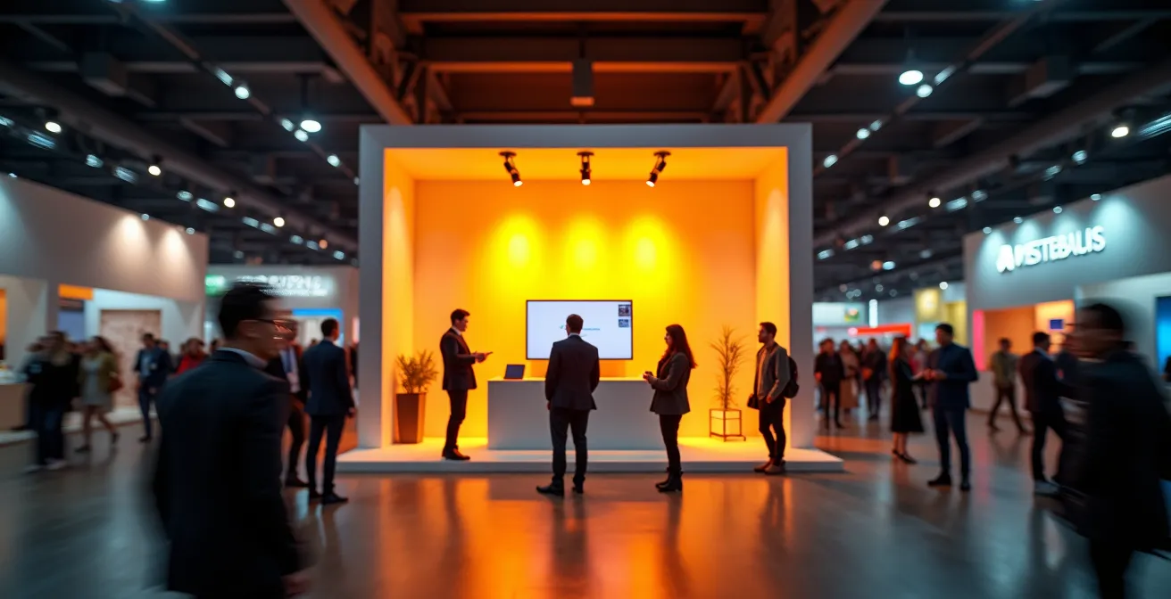 Un kiosque moderne et élégant en milieu de salon professionnel animé, avec un éclairage chaleureux attirant les visiteurs.