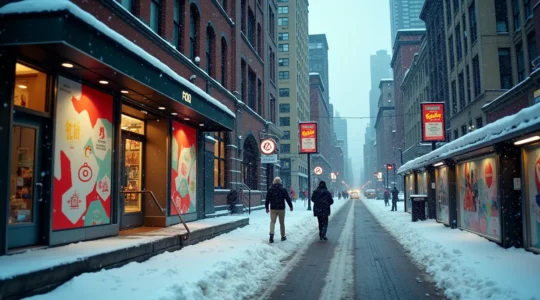 Une composition visuelle montrant divers supports publicitaires imprimés comme des affiches, des banderoles et des vinyles, positionnés stratégiquement dans un environnement urbain québécois en hiver.