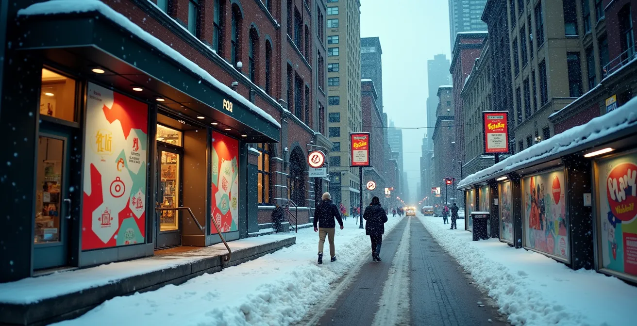 Une composition visuelle montrant divers supports publicitaires imprimés comme des affiches, des banderoles et des vinyles, positionnés stratégiquement dans un environnement urbain québécois en hiver.