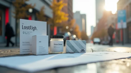 Une composition visuelle montrant divers supports imprimés (cartes de visite, emballages, bâches publicitaires) avec une identité graphique cohérente au Québec