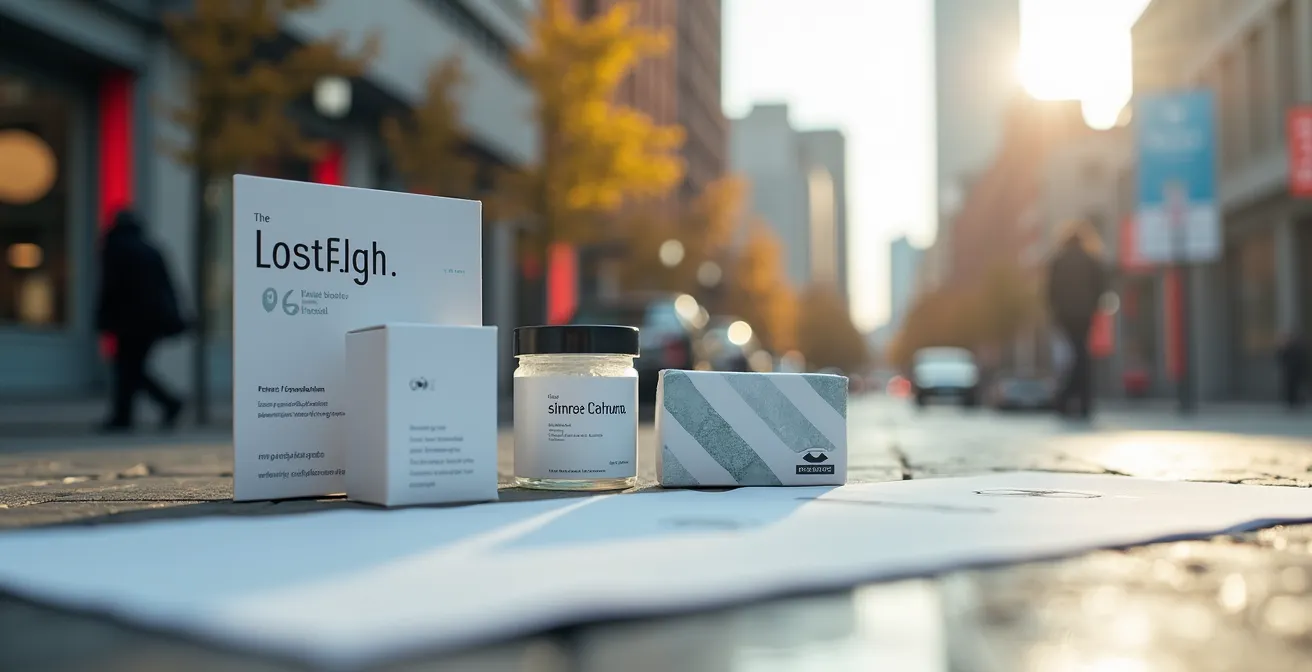 Une composition visuelle montrant divers supports imprimés (cartes de visite, emballages, bâches publicitaires) avec une identité graphique cohérente au Québec