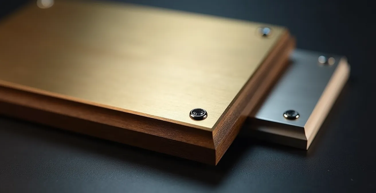 Différents types de plaques professionnelles en laiton, plexiglas et aluminium, montrant la diversité des matériaux