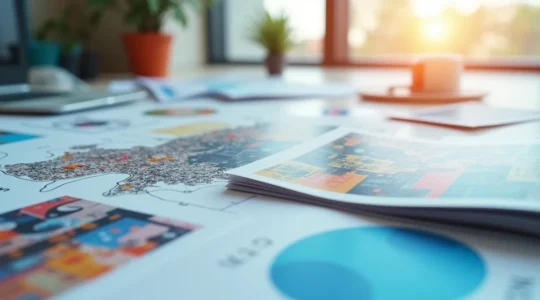 Une composition visuelle montrant divers supports imprimés (flyers, brochures, dépliants) intégrés harmonieusement dans un contexte québécois, symbolisant un impact maximal par leur orchestration stratégique.