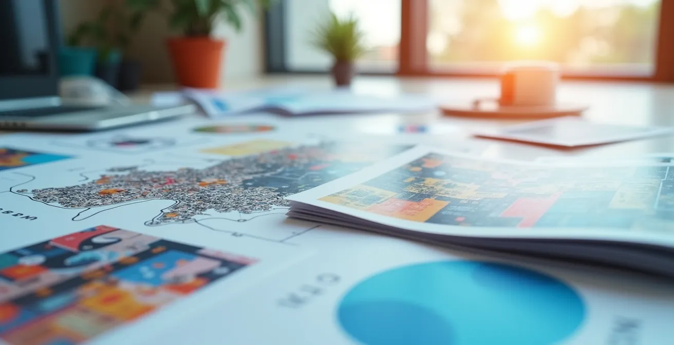 Une composition visuelle montrant divers supports imprimés (flyers, brochures, dépliants) intégrés harmonieusement dans un contexte québécois, symbolisant un impact maximal par leur orchestration stratégique.