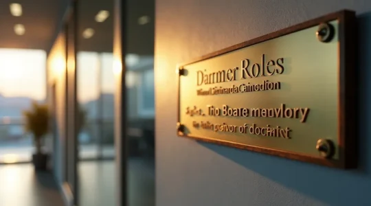 Une plaque professionnelle élégante posée à l'entrée d'un bureau moderne au Québec, symbolisant la première impression de l'expertise