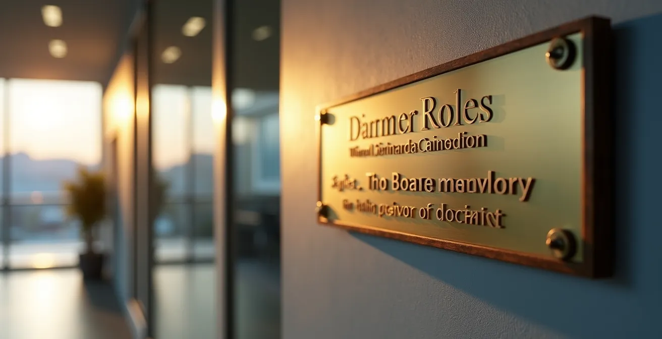 Une plaque professionnelle élégante posée à l'entrée d'un bureau moderne au Québec, symbolisant la première impression de l'expertise