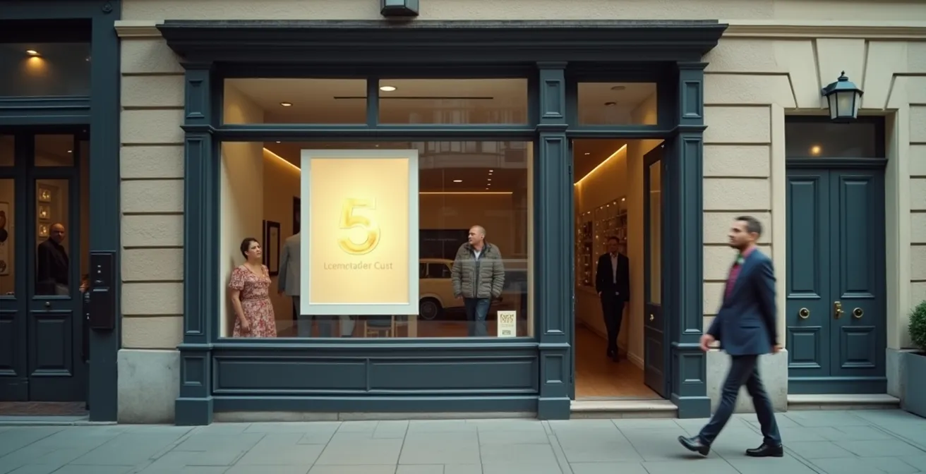 Illustration montrant une affiche en vitrine vue de loin, avec les éléments clés (visuel, titre, offre) qui ressortent immédiatement.