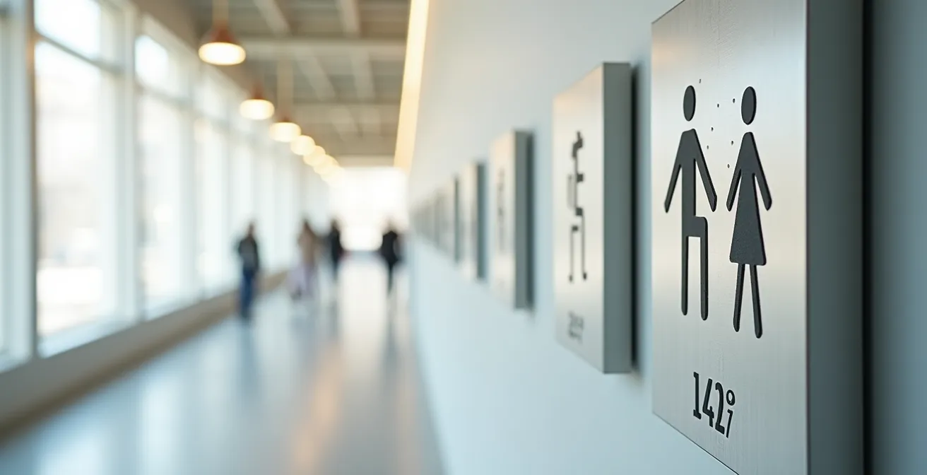 Panneaux de signalisation accessibles avec pictogrammes et braille dans un bâtiment public au Québec