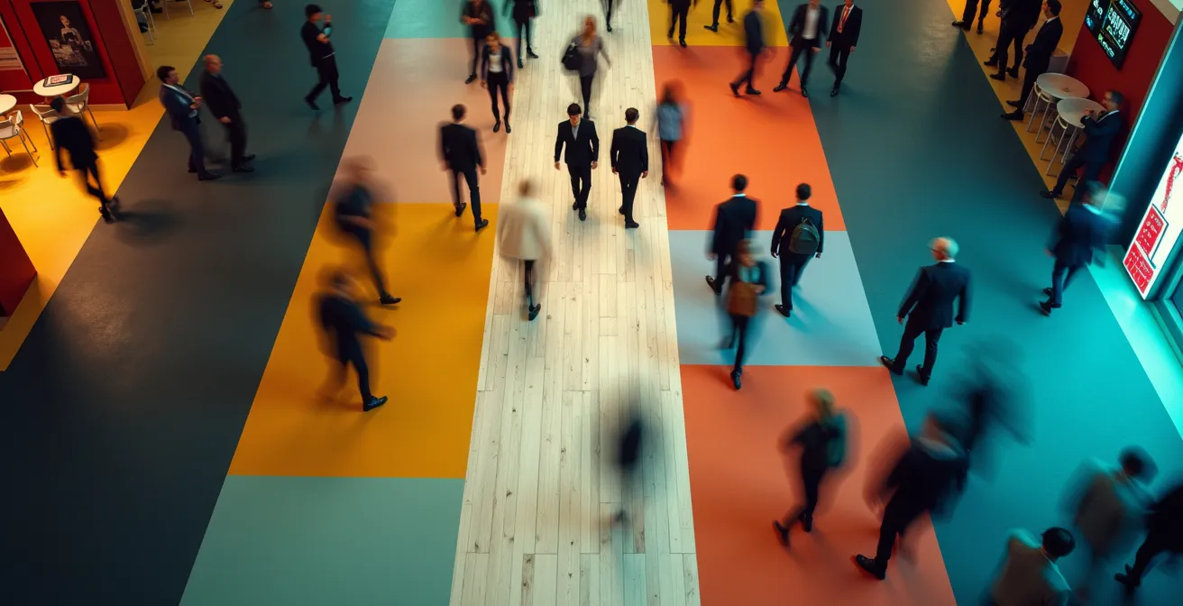 Vue aérienne d'un salon professionnel avec un marquage au sol coloré guidant les visiteurs vers un stand