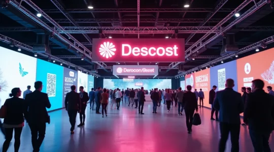 Stand de salon professionnel dynamique avec signalétique visible, roll-up épuré, éclairage LED et signalétique suspendue