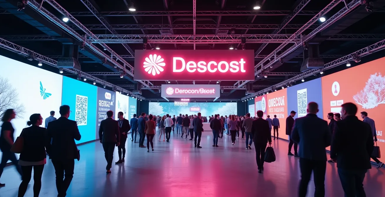 Stand de salon professionnel dynamique avec signalétique visible, roll-up épuré, éclairage LED et signalétique suspendue