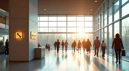 Image d'une signalétique directionnelle claire et moderne dans un espace public québécois animé avec des visiteurs se déplaçant facilement