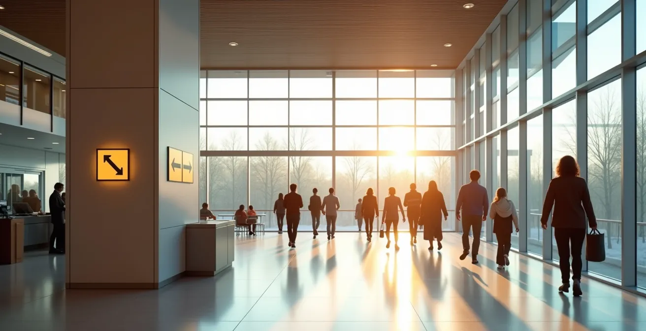 Image d'une signalétique directionnelle claire et moderne dans un espace public québécois animé avec des visiteurs se déplaçant facilement