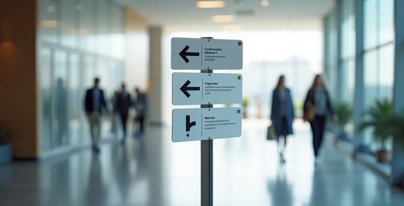 Illustration pédagogique montrant la hiérarchie simplifiée de l'information sur des panneaux directionnels dans un espace rempli de visiteurs calmes et sereins